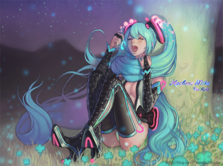 aqua_eyes black_legwear blush boots breasts bridal_gauntlets cleavage closed_eyes clover four-leaf_clover hair_scarf hatsune_miku kakiman long_hair medium_breasts night open_mouth sitting solo thigh_boots thighhighs tree twintails very_long_hair vocaloid