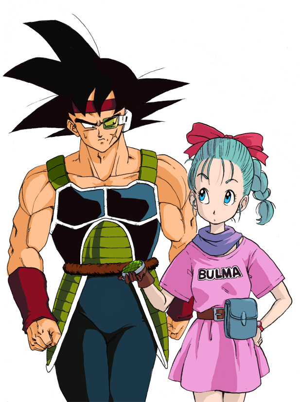 1girl armor bardock black_eyes blue_eyes blue_hair bow bulma clenched_hand clenched_hands clothes_writing collarbone dragon_ball dragon_ball_z dragon_radar gloves hair_bow hand_on_hip headband holding mcenroe monkey_tail muscle pouch radar scar scouter simple_background spiked_hair tail watch what_if white_background wristband