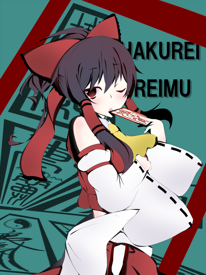 ascot bad_id bad_pixiv_id bare_shoulders benio_(dontsugel) black_hair blush bow detached_sleeves frills hair_tubes hakurei_reimu ofuda one_eye_closed open_mouth red_eyes short_hair simple_background solo touhou yin_yang