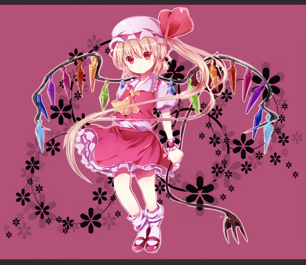 bad_id bad_pixiv_id blonde_hair bow crystal dress flandre_scarlet flower hair_bow hat long_hair red_eyes smile solo touhou uiroutsuji_yumihiko very_long_hair weapon wings wrist_cuffs