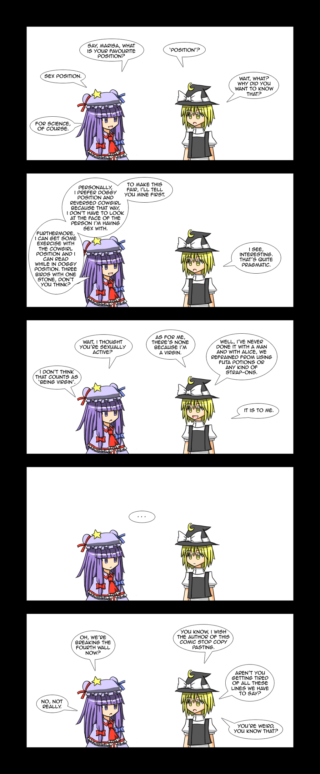 5koma absurdres comic fourth_wall highres kirisame_marisa lunarisaileron multiple_girls patchouli_knowledge recurring_image touhou