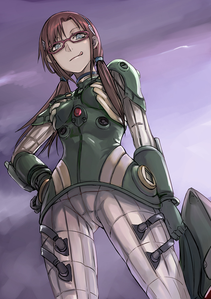 :q armor bangs blue_eyes bodysuit brown_hair cowboy_shot crotch evangelion:_2.0_you_can_(not)_advance from_below glasses gloves green_bodysuit hair_over_shoulder hairband hand_on_hip headwear_removed helmet helmet_removed hips holding licking_lips looking_at_viewer looking_down low_twintails makinami_mari_illustrious naughty_face neon_genesis_evangelion pauldrons pilot_suit plugsuit rebuild_of_evangelion red-framed_eyewear solo tea_(nakenashi) tongue tongue_out turtleneck twintails vambraces
