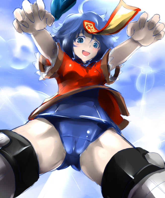blue_eyes blue_hair blush cameltoe cloud cosplay day hat jiangshi k2isu miyafuji_yoshika miyafuji_yoshika_(cosplay) miyako_yoshika namesake ofuda open_mouth outstretched_arms pale_skin school_swimsuit sky solo strike_witches striker_unit swimsuit swimsuit_under_clothes touhou world_witches_series zombie_pose