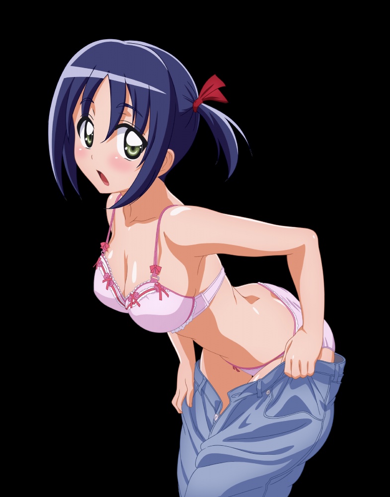 1girl blush bow bow_bra bow_panties bra breasts cleavage collarbone cover denim dressing dvd_cover frill_trim green_eyes hair_bow hayate_no_gotoku! jeans large_breasts lingerie nishizawa_ayumu open_mouth open_pants panties pants pants_pull pink_bra pink_panties simple_background solo strap_gap underwear underwear_only undressing unzipped vector_trace
