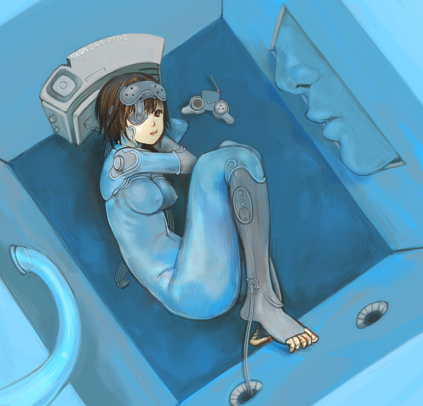 blue breasts covered_nipples eyepatch kazaana lying medium_breasts mouth nose original solo toes visor