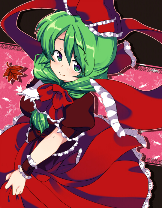 3: bad_id bad_pixiv_id bow breasts frills front_ponytail green_eyes green_hair hair_bow hair_ribbon kagiyama_hina leaf looking_at_viewer matatabi_maru medium_breasts ribbon skirt_hold smile solo touhou