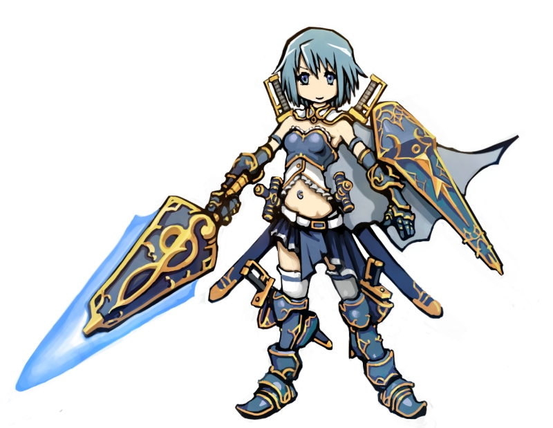 adapted_costume armor armored_dress asymmetrical_clothes bare_shoulders blue_eyes blue_hair boots cape full_body gauntlets kiarino magical_girl mahou_shoujo_madoka_magica miki_sayaka no_nose shield short_hair simple_background solo sword weapon white_background