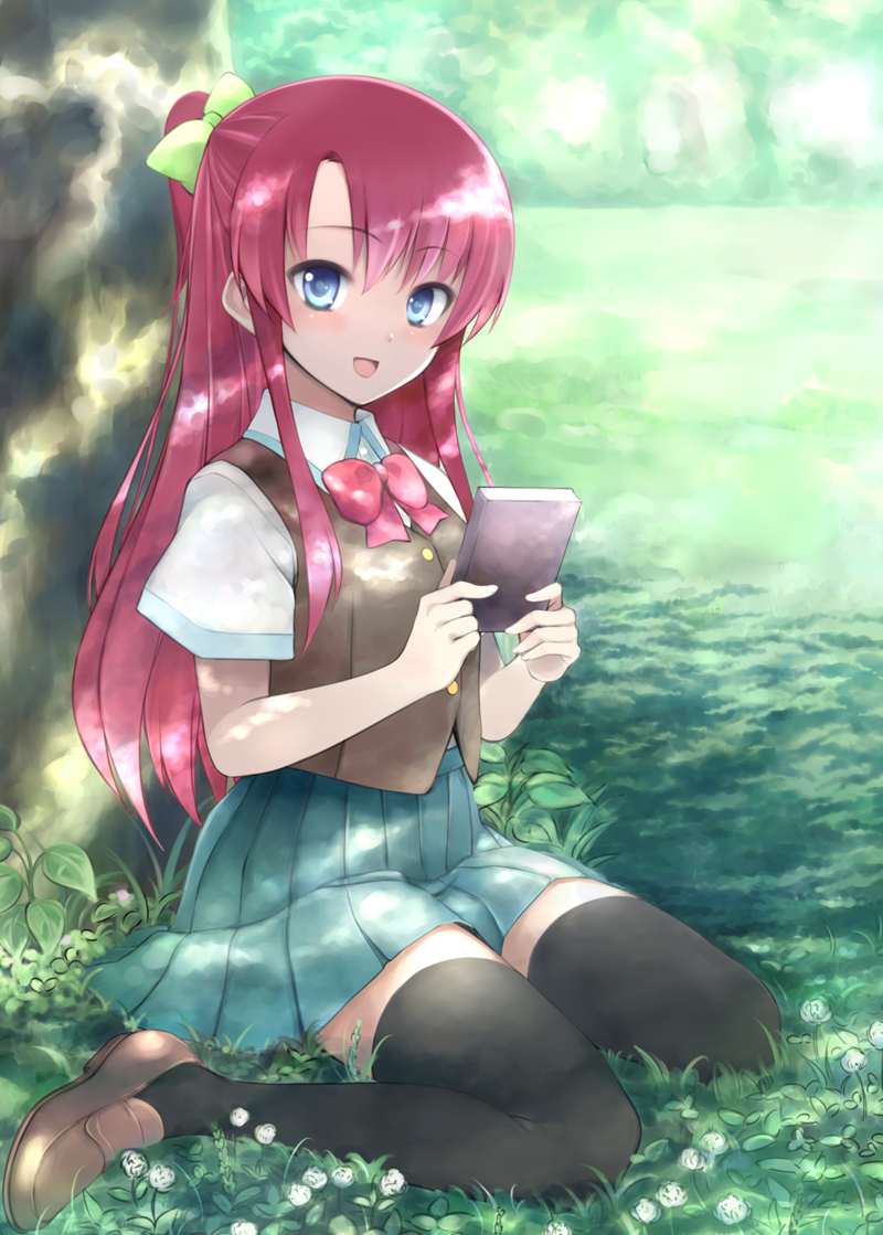 :d black_legwear blue_eyes book bow bowtie clover clover_(flower) dappled_sunlight flower grass hair_bow hands holding jas_(annkoromochi) loafers long_hair looking_at_viewer nature open_mouth original outdoors pink_hair pleated_skirt ponytail school_uniform shade shoes sitting skirt smile solo sunlight sweater_vest thighhighs tree tree_shade under_tree wariza zettai_ryouiki