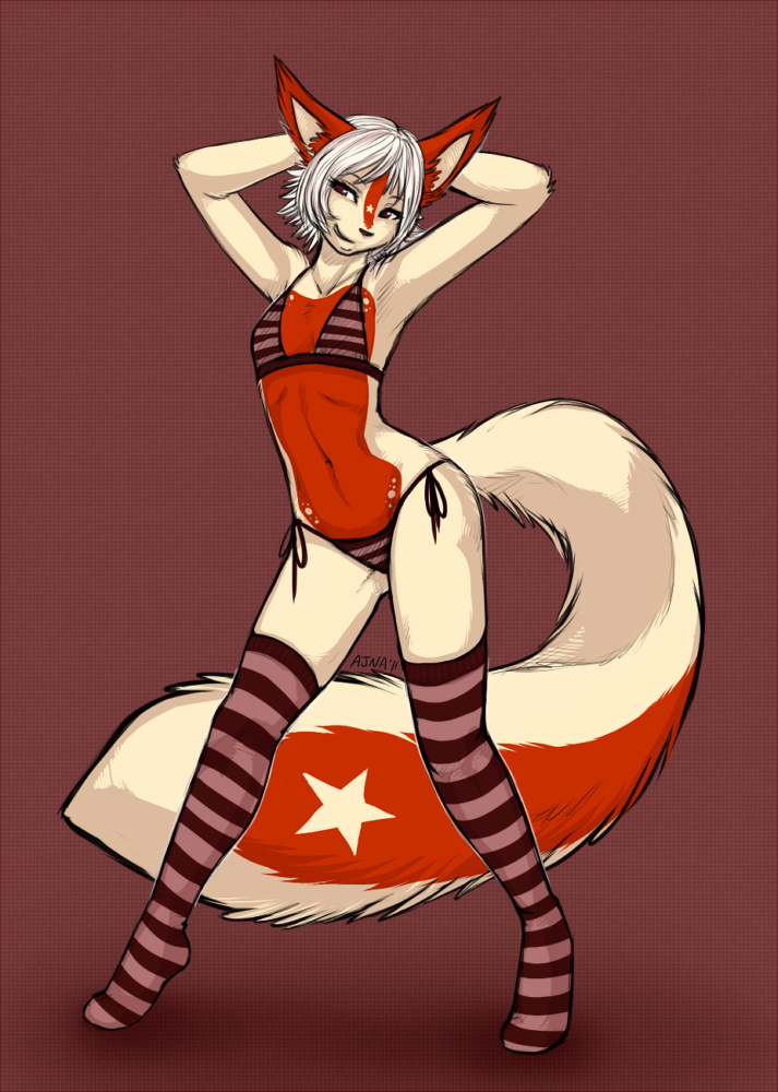 anthro bikini breasts canine clothed clothing female fox hair looking_at_viewer mammal pinup plain_background pose raised_arm simple_background skimpy small_breasts socks solo standing star stripes swimsuit white_hair