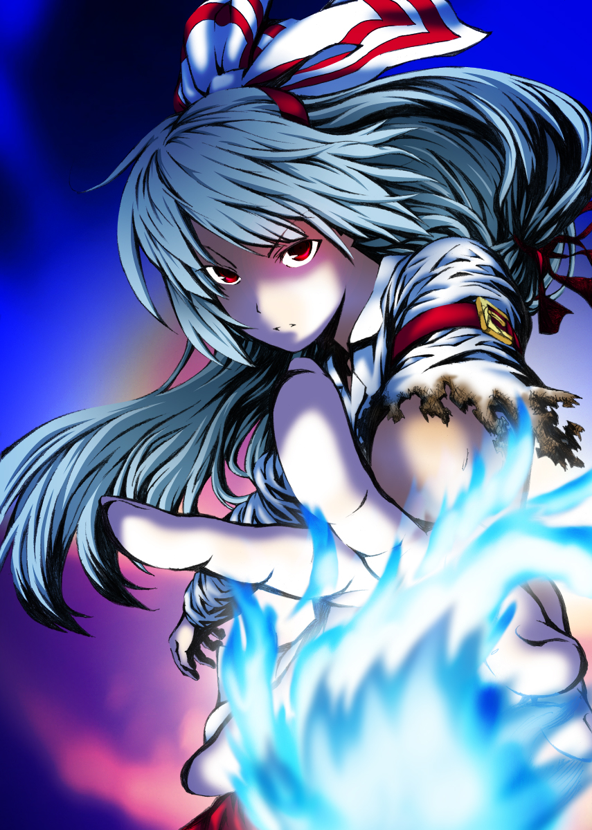 blew_andwhite blue_fire bow close-up colorized fingernails fire foreshortening fujiwara_no_mokou hair_bow hands highres long_hair outstretched_hand perspective serious solo tasoku_hokou_heiki torn_clothes touhou