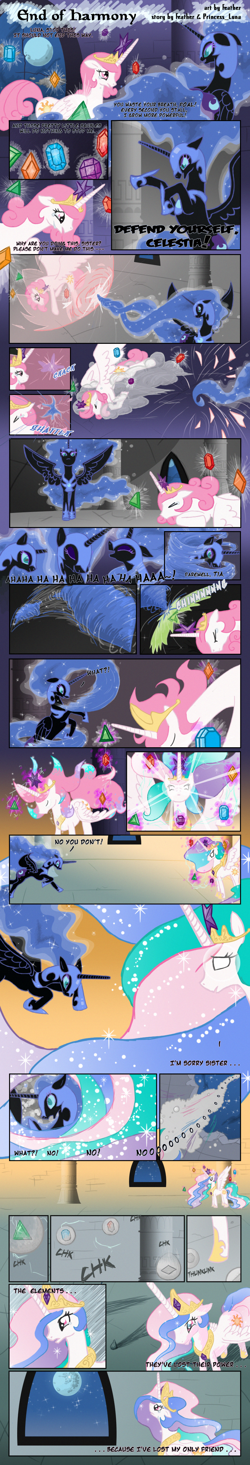 alicorn blue_hair comic crown cutie_mark elements_of_harmony equine feather-chan female feral fight friendship_is_magic hair hasbro horn horse long_hair magic mammal mare_in_the_moon moon my_little_pony nightmare_moon_(mlp) pegacorn pony princess_celestia_(mlp) sorrow tears winged_unicorn wings