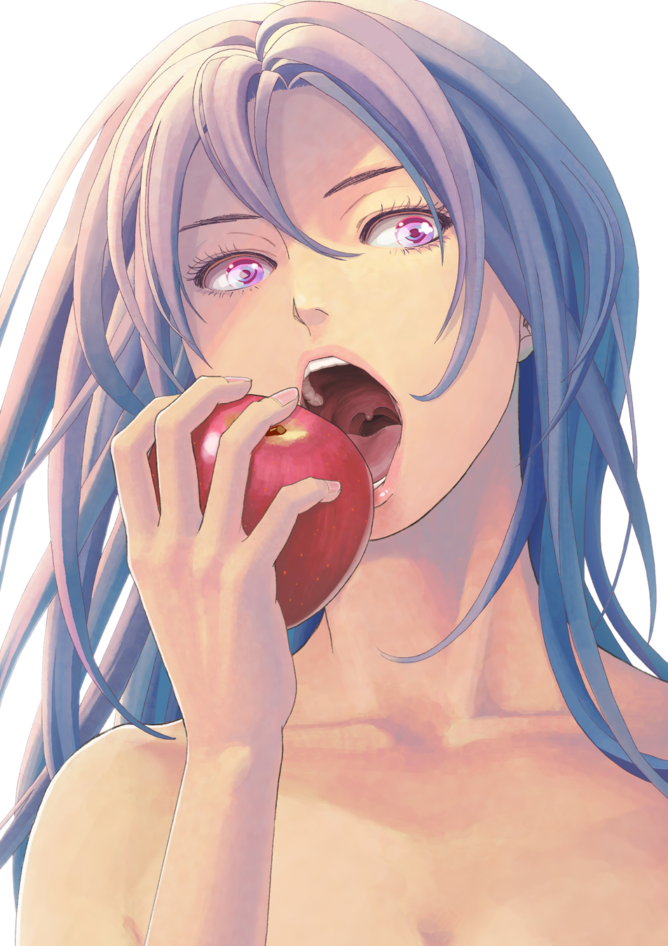 apple bare_shoulders collarbone face food fruit hands highres holding holding_food holding_fruit lips md5_mismatch open_mouth original purple_eyes purple_hair simple_background solo teeth uvula yuuhei