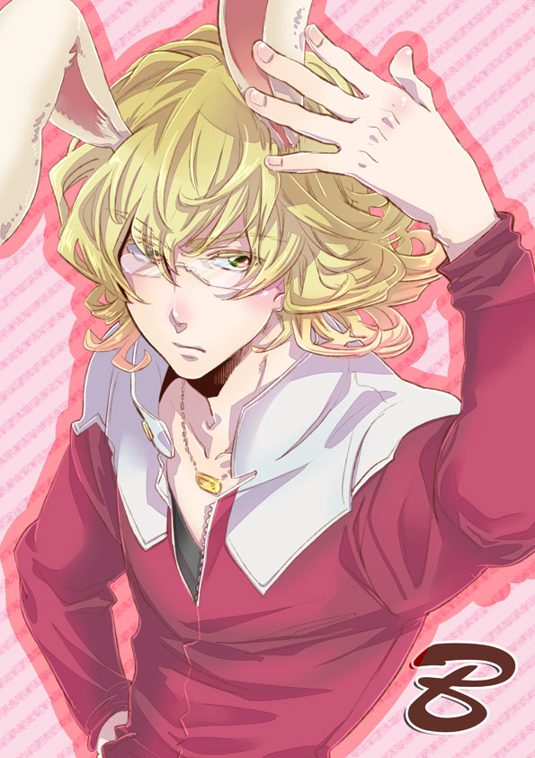 animal_ears bad_id bad_pixiv_id barnaby_brooks_jr blonde_hair bunny_ears glasses green_eyes hand_on_hip jacket jewelry kemonomimi_mode male_focus necklace red_jacket solo tiger_&amp;_bunny wagyandamu