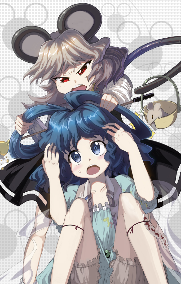 ahoge angry animal_ears basket bloomers blue_dress blue_eyes blue_hair dress grey_dress hair_ornament hair_pull hair_rings hair_stick highres kaku_seiga mouse mouse_ears mouse_tail multiple_girls nazrin open_mouth red_eyes shawl shope short_hair silver_hair sitting tail touhou underwear vest