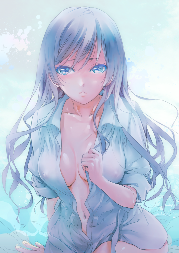 blue_eyes blue_hair blush breasts cleavage fujisaka_kuuki hand_on_own_chest long_hair looking_at_viewer medium_breasts navel nipples no_bra open_clothes open_mouth open_shirt original see-through shirt sleeves_rolled_up solo
