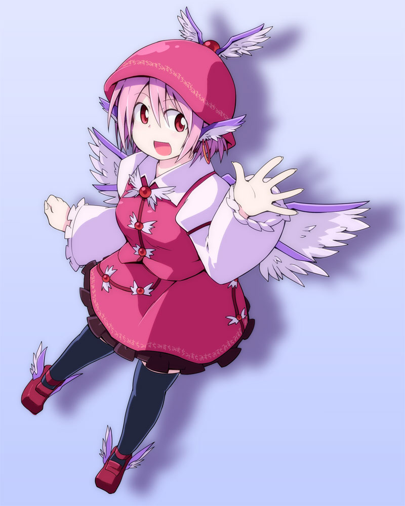 :d animal_ears frilled_skirt frilled_sleeves frills full_body hat koukai_(k.o.kai) long_sleeves mystia_lorelei open_mouth pink_eyes pink_hair shadow shoes short_hair simple_background skirt skirt_set smile solo thighhighs touhou winged_shoes wings