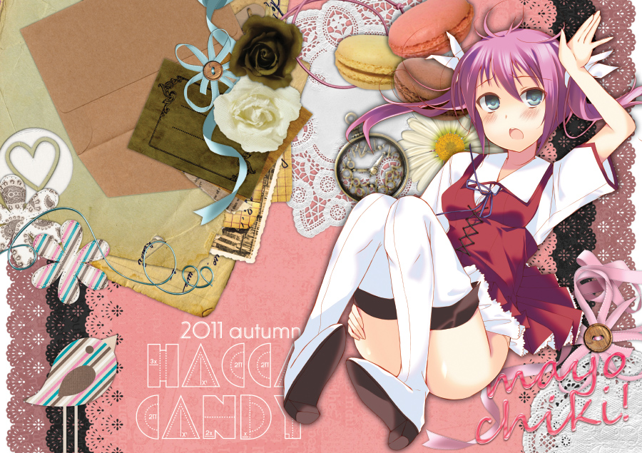 aqua_eyes bad_id bad_pixiv_id blush boots convenient_leg food hair_ribbon ise macaron mayo_chiki! open_mouth pink_hair pocket_watch ribbon school_uniform solo thigh_boots thighhighs twintails usami_masamune watch white_legwear