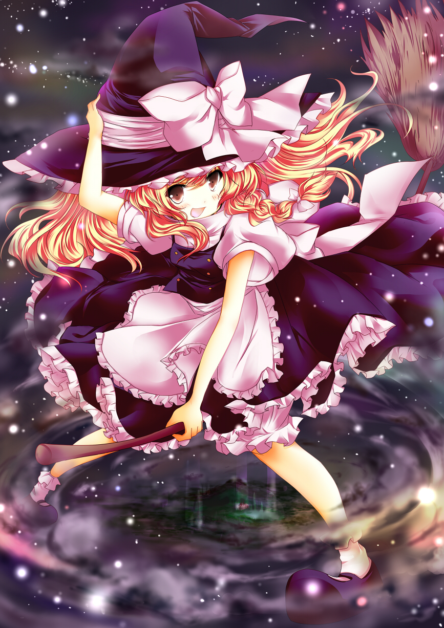 blonde_hair bow broom dress hand_on_headwear hat hat_bow highres kirisame_marisa long_hair open_mouth smile solo touhou umino_mizu witch_hat yellow_eyes
