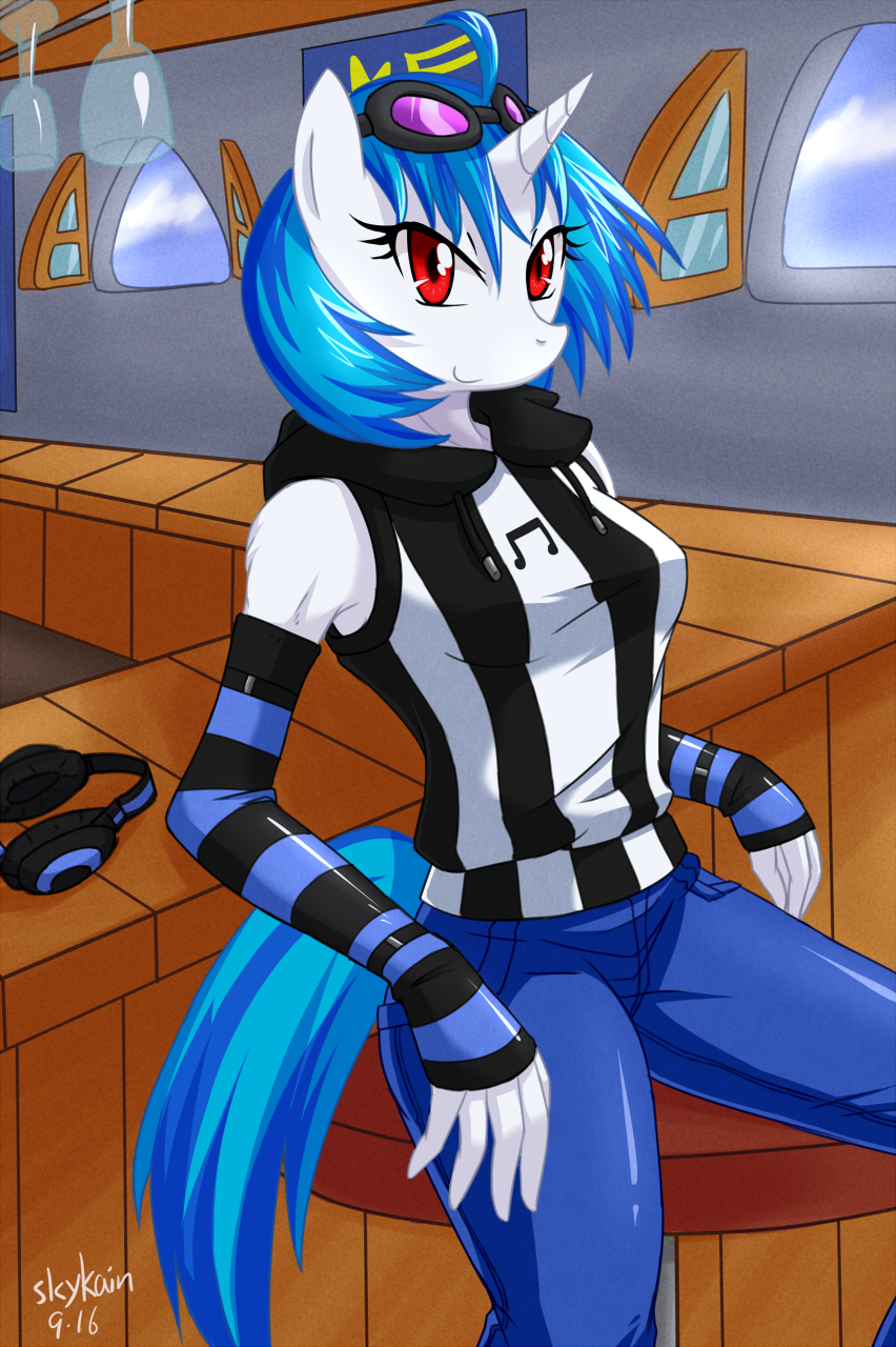 anthro anthrofied blue_hair clothing cool_colors equine eyewear female friendship_is_magic hair hasbro headset horn horse long_hair looking_at_viewer mammal music my_little_pony pony red_eyes short_hair skykain solo sunglasses two_tone_hair unicorn vinyl_scratch_(mlp)