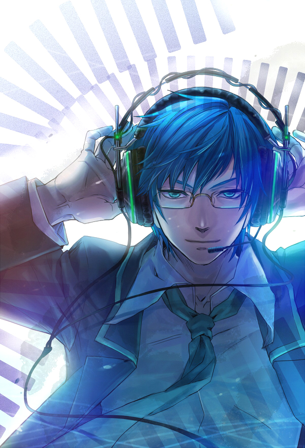 blue_eyes blue_hair faneru glasses headphones headset liduke male_focus necktie niconico smile solo