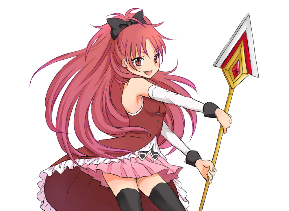 bad_id bad_pixiv_id bare_shoulders black_legwear bow fang hair_bow long_hair magical_girl mahou_shoujo_madoka_magica polearm ponytail red_eyes red_hair sakura_kyouko simple_background solo spear thighhighs uno_(uso) weapon white_background zettai_ryouiki