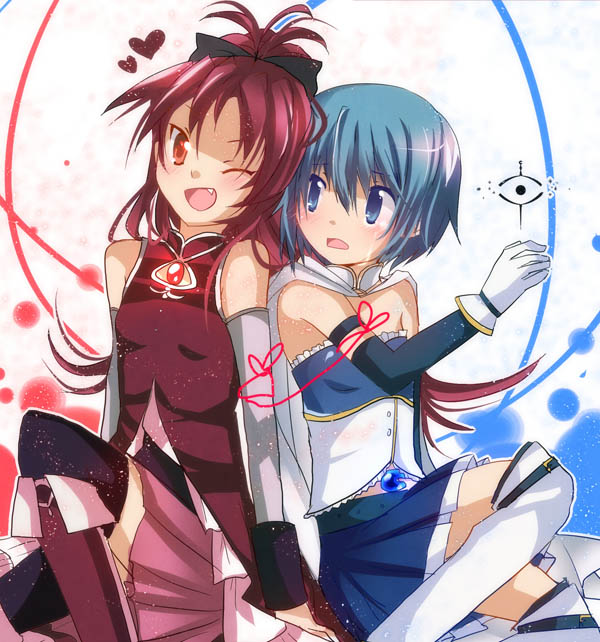 bare_shoulders black_legwear blue_eyes blue_hair blush bow cape fang gloves grief_seed hair_bow lavender-iced long_hair magical_girl mahou_shoujo_madoka_magica miki_sayaka multiple_girls one_eye_closed ponytail red_eyes red_hair sakura_kyouko short_hair spoilers tears thighhighs white_gloves white_legwear