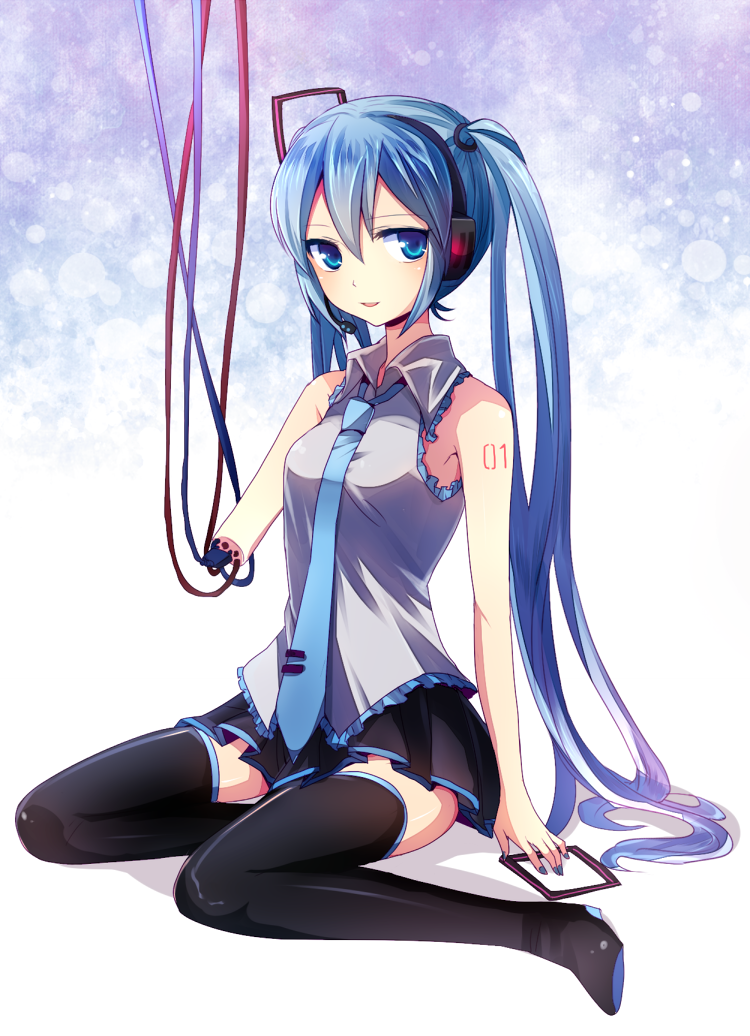 amputee android aqua_eyes aqua_hair boots cable hatsune_miku headset kohaku. long_hair necktie sitting skirt solo thigh_boots thighhighs twintails very_long_hair vocaloid