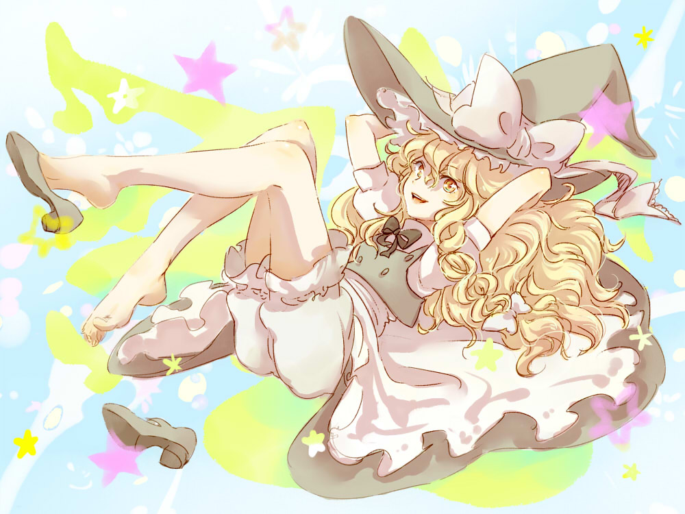 :d arms_up barefoot blonde_hair bloomers bow braid feet hair_bow hat hat_ribbon kirisame_marisa legs_up long_hair lying mild_kal on_back open_mouth ribbon shoe_dangle shoes single_braid single_shoe smile solo star touhou underwear witch_hat yellow_eyes