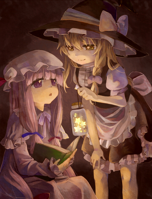 apron bad_id bad_pixiv_id bangs blonde_hair blunt_bangs book bow braid chikamichi_(ssssgirl) glowing hair_bow hand_on_own_knee hat holding jar kirisame_marisa leaning_forward light long_hair multiple_girls open_book open_mouth patchouli_knowledge purple_eyes purple_hair reading side_braid sitting smile standing star touhou waist_apron witch_hat yellow_eyes