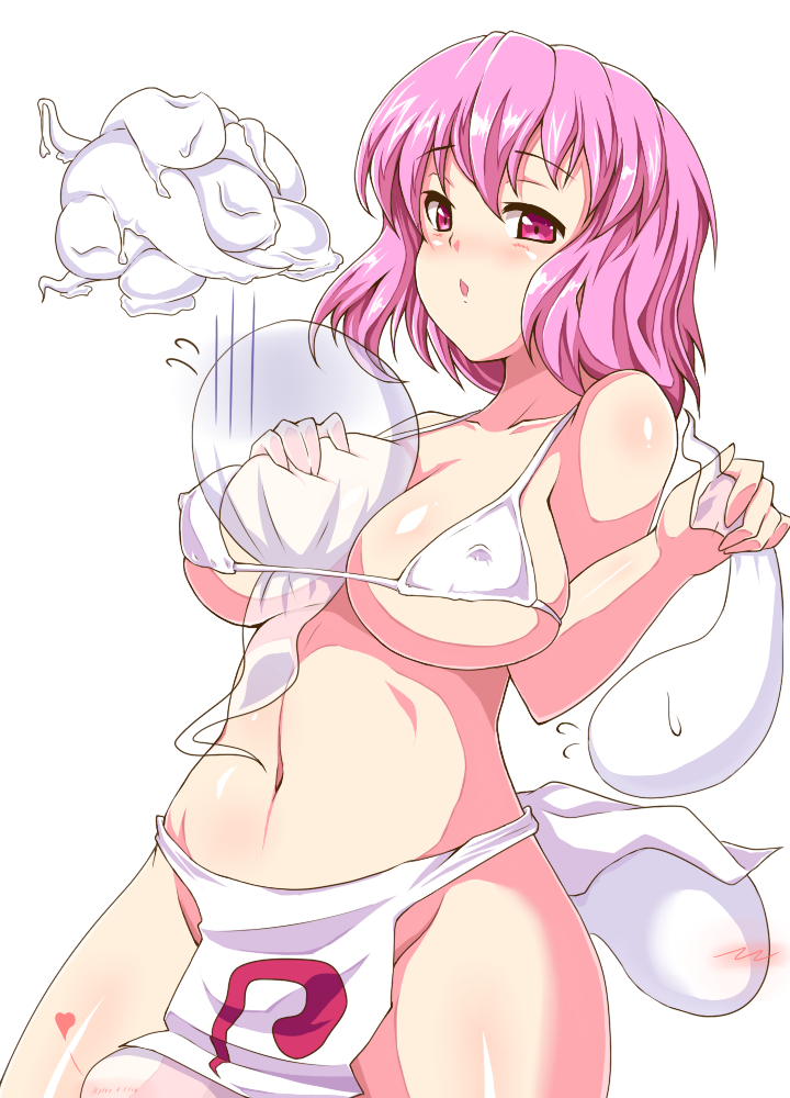 bad_id bad_pixiv_id bare_shoulders between_breasts between_thighs bikini blush breasts covered_nipples ghost groin hitodama large_breasts loincloth moisture_(chichi) navel pink_eyes pink_hair saigyouji_yuyuko sexually_suggestive short_hair simple_background solo swimsuit thighs touhou underboob white_bikini
