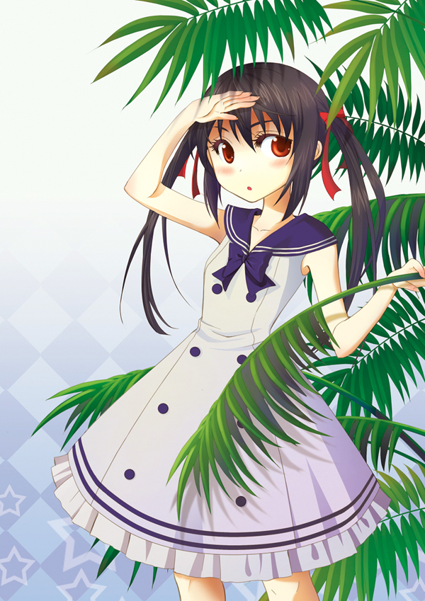 alternate_costume bad_id bad_pixiv_id bamboo black_hair blush brown_hair dress gradient gradient_background hair_ribbon k-on! long_hair looking_back mimika_(puetilun) nakano_azusa plant red_eyes ribbon sailor_collar sailor_dress shading_eyes sidelocks solo twintails