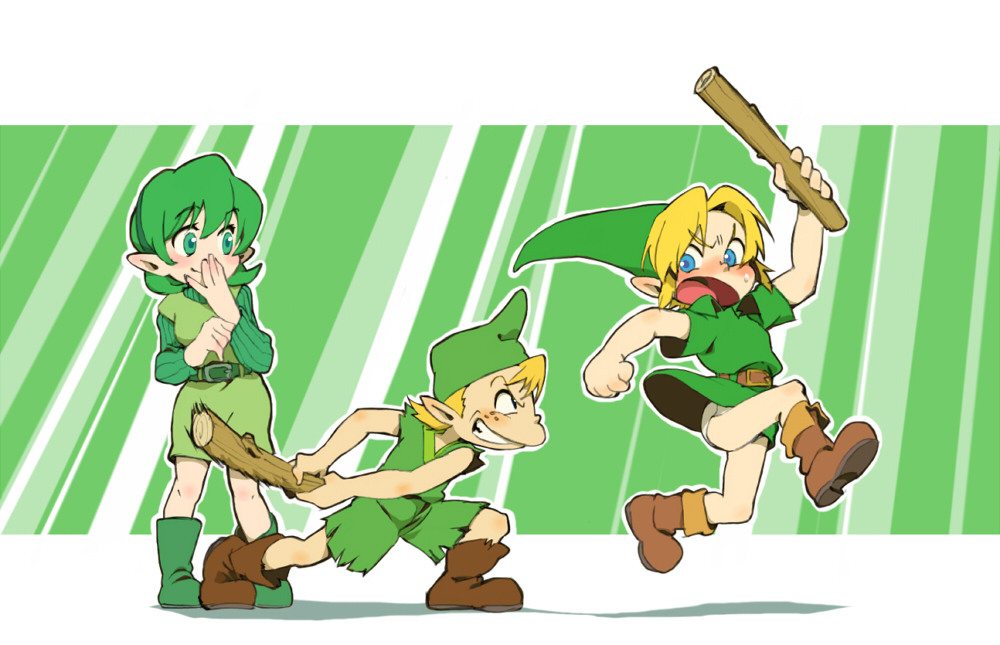 2boys angry belt blonde_hair blue_eyes blush boots briefs chasing child club covering_mouth dress fighting fleeing giggling green_eyes green_footwear green_hair grin hairband hand_over_own_mouth hat holding kokiri left-handed link mido multiple_boys pointy_ears saria short_hair skirt skirt_lift smile stick the_legend_of_zelda the_legend_of_zelda:_ocarina_of_time underwear upskirt usikani weapon white_briefs young_link