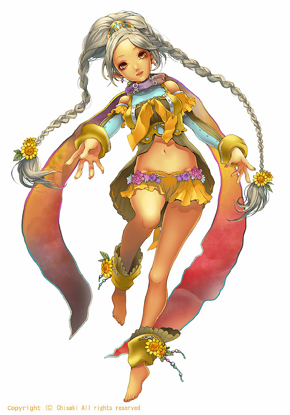 bare_legs barefoot braid chisaki_(sorajik) earrings flower hair_flower hair_ornament head_tilt jewelry long_hair looking_at_viewer midriff navel original outstretched_hand pointy_ears scarf silver_hair simple_background skirt solo twin_braids watermark yellow_eyes
