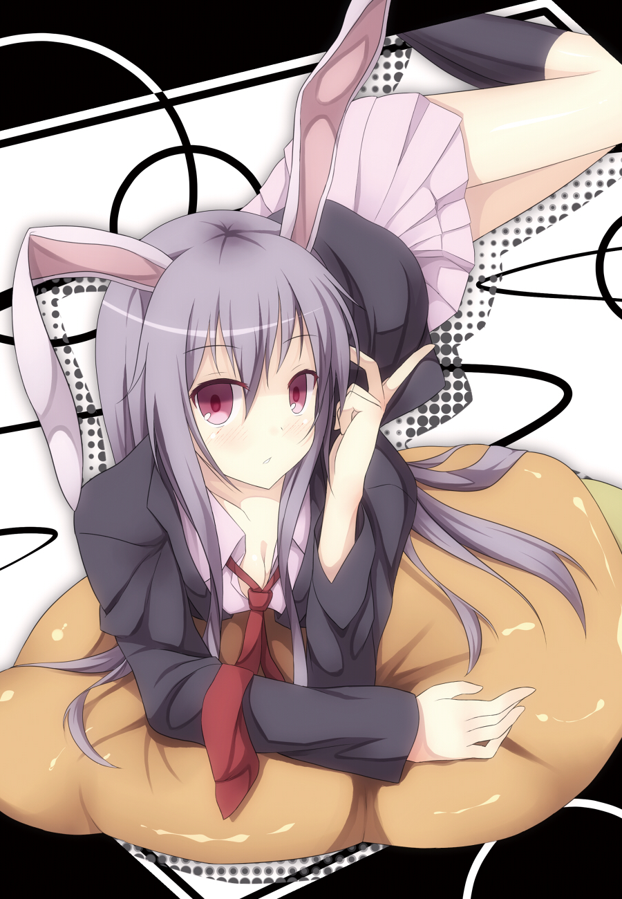 animal_ears bad_id bad_pixiv_id blazer blush bunny_ears highres jacket long_hair lying necktie pillow purple_hair red_eyes red_neckwear reisen_udongein_inaba samegami skirt solo touhou very_long_hair