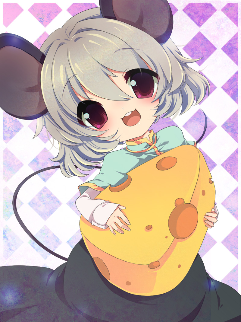 :3 animal_ears bad_id bad_pixiv_id capelet cheese chibi child deyuyama dress food grey_dress grey_hair head_tilt mouse_ears mouse_tail nazrin red_eyes smile solo tail touhou