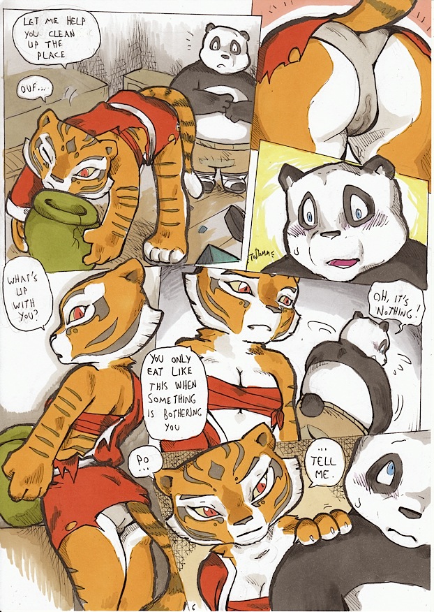 a_seated_night bear better_late_than_never blue_eyes blush breasts butt camel_toe cat comic concern daigaijin dialog duo embarrassed english_text feline female kung_fu_panda looking_back male mammal master_tigress panda po red_eyes stripes sweat tail text tiger