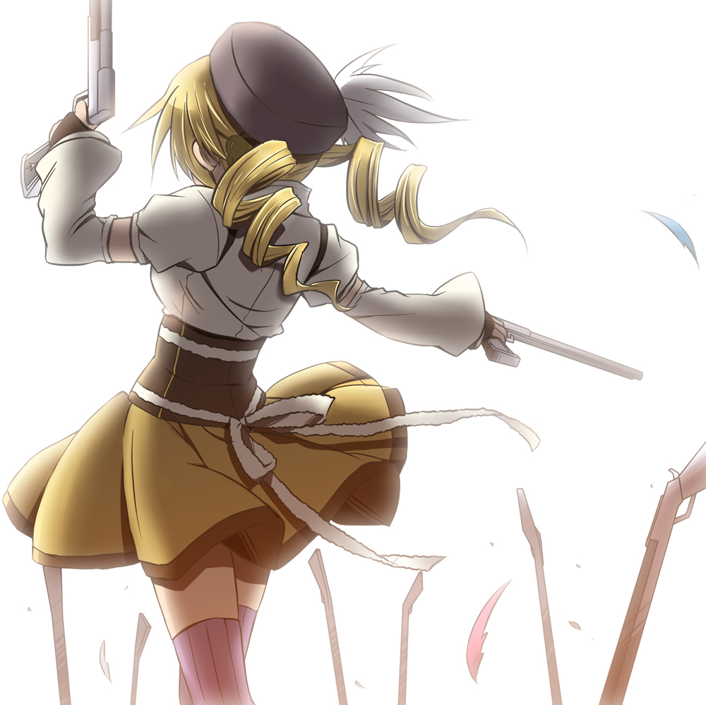 beret blonde_hair brown_legwear corset detached_sleeves drill_hair dual_wielding field_of_blades fingerless_gloves from_behind gloves gun hair_ornament hairpin hat holding magical_girl magical_musket mahou_shoujo_madoka_magica planted_weapon pleated_skirt puffy_sleeves ribbon rifle ruo_(cruzada) simple_background skirt solo striped striped_legwear thighhighs tomoe_mami twin_drills twintails vertical-striped_legwear vertical_stripes weapon white_background zettai_ryouiki