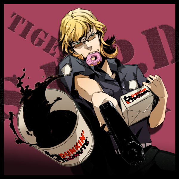 44 barnaby_brooks_jr coffee doughnut food glasses green_eyes gun handgun male_focus mouth_hold necktie police police_uniform product_placement solo tiger_&amp;_bunny uniform weapon