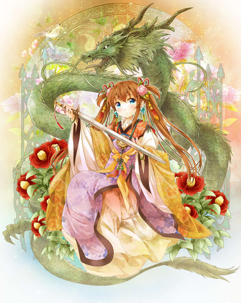 bird blonde_hair blue_eyes blush claws dragon dress earrings fangs flower hair_flower hair_ornament horns jewelry long_hair michii_yuuki original scales shawl smile solo sword tabard twintails weapon white_dress wristband