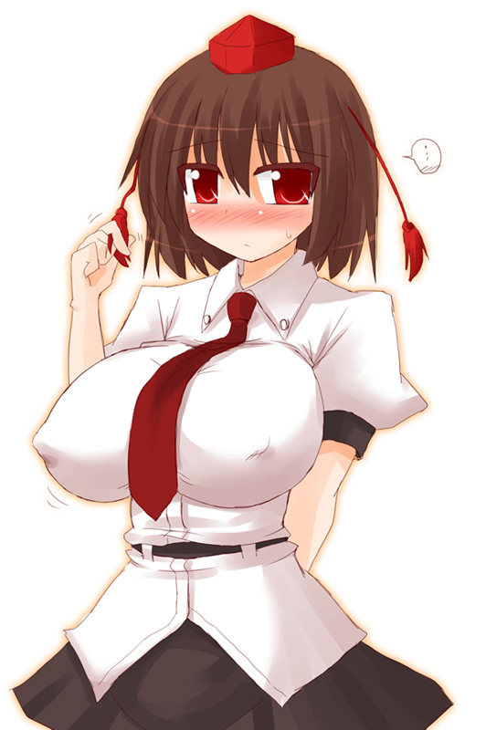 arayama_reiichi bad_id bad_pixiv_id blush breasts brown_hair covered_nipples hat impossible_clothes impossible_shirt large_breasts looking_at_viewer red_eyes shameimaru_aya shirt solo tokin_hat touhou