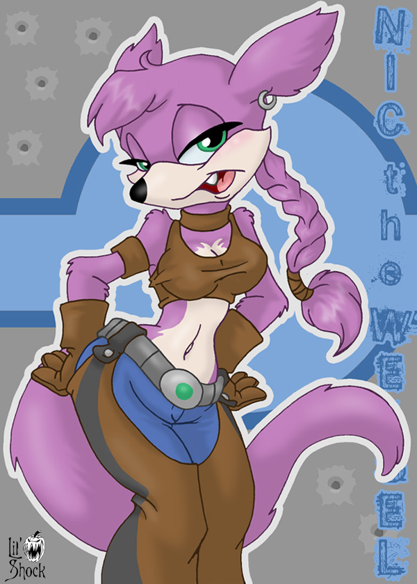 breasts cleavage clothed clothing ear_piercing fangs female gloves green_eyes half-closed_eyes hands_on_hips lil'_shock lil'_shock mammal midriff mustelid navel nic_the_weasel open_mouth pants piercing ponytail purple purple_body sega solo sonic_(series) tail weasel