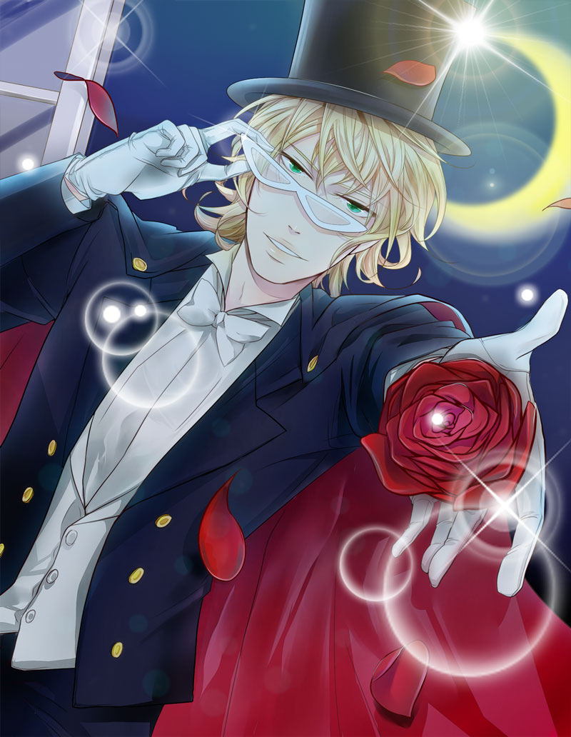 bad_id bad_pixiv_id barnaby_brooks_jr bishoujo_senshi_sailor_moon black_hair blonde_hair cape cosplay crescent_moon flower formal glasses gloves green_eyes hat male_focus moon outstretched_hand parody petals red_flower red_rose rinzu_acco rose solo suit tiger_&amp;_bunny top_hat tuxedo tuxedo_kamen tuxedo_kamen_(cosplay) white_gloves