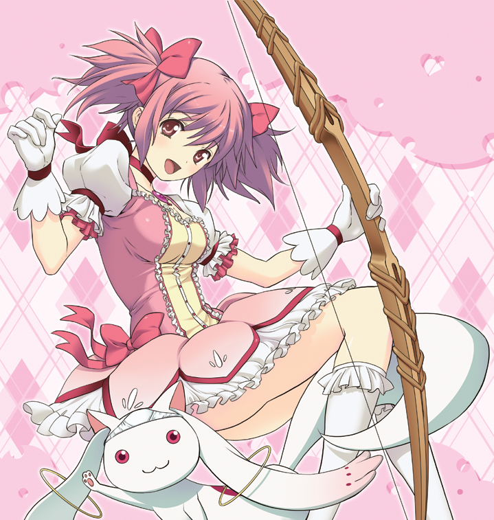 bow bow_(weapon) cover cover_page gloves hair_bow kaname_madoka kneehighs kyubey looking_at_viewer magical_girl mahou_shoujo_madoka_magica object_on_head older open_mouth panties panties_on_head pink_eyes pink_hair puffy_sleeves ribbon short_twintails smile twintails underwear weapon white_gloves white_legwear yokota_mamoru
