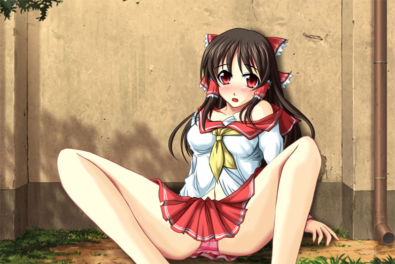 adapted_costume blush bow brown_hair hair_bow hair_tubes hakurei_reimu large_bow long_hair panties pantyshot pantyshot_(sitting) red_eyes school_uniform sitting solo striped striped_panties touhou underwear yumi_(careca398)