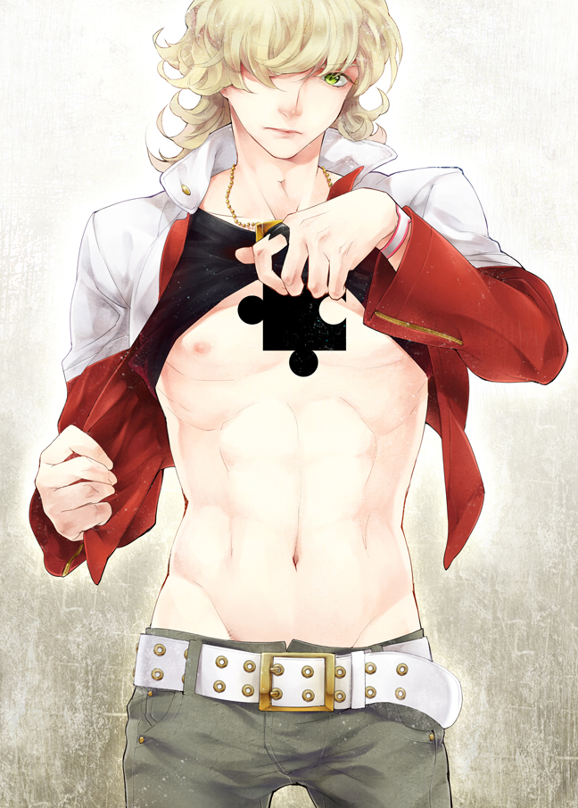 barnaby_brooks_jr belt blonde_hair green_eyes hair_over_one_eye jacket jewelry male_focus necklace nipples open_clothes open_shirt puzzle_piece red_jacket shirt siruphial solo studded_belt tiger_&amp;_bunny