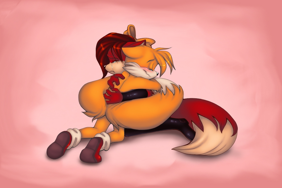 blush boots canine couple crying duo eyes_closed female fiona_fox fox fur hair hug male mammal miles_prower multiple_tails orange orange_fur pink_background plain_background red red_fur red_hair sega shoes sonic_(series) tail thiscrispycat
