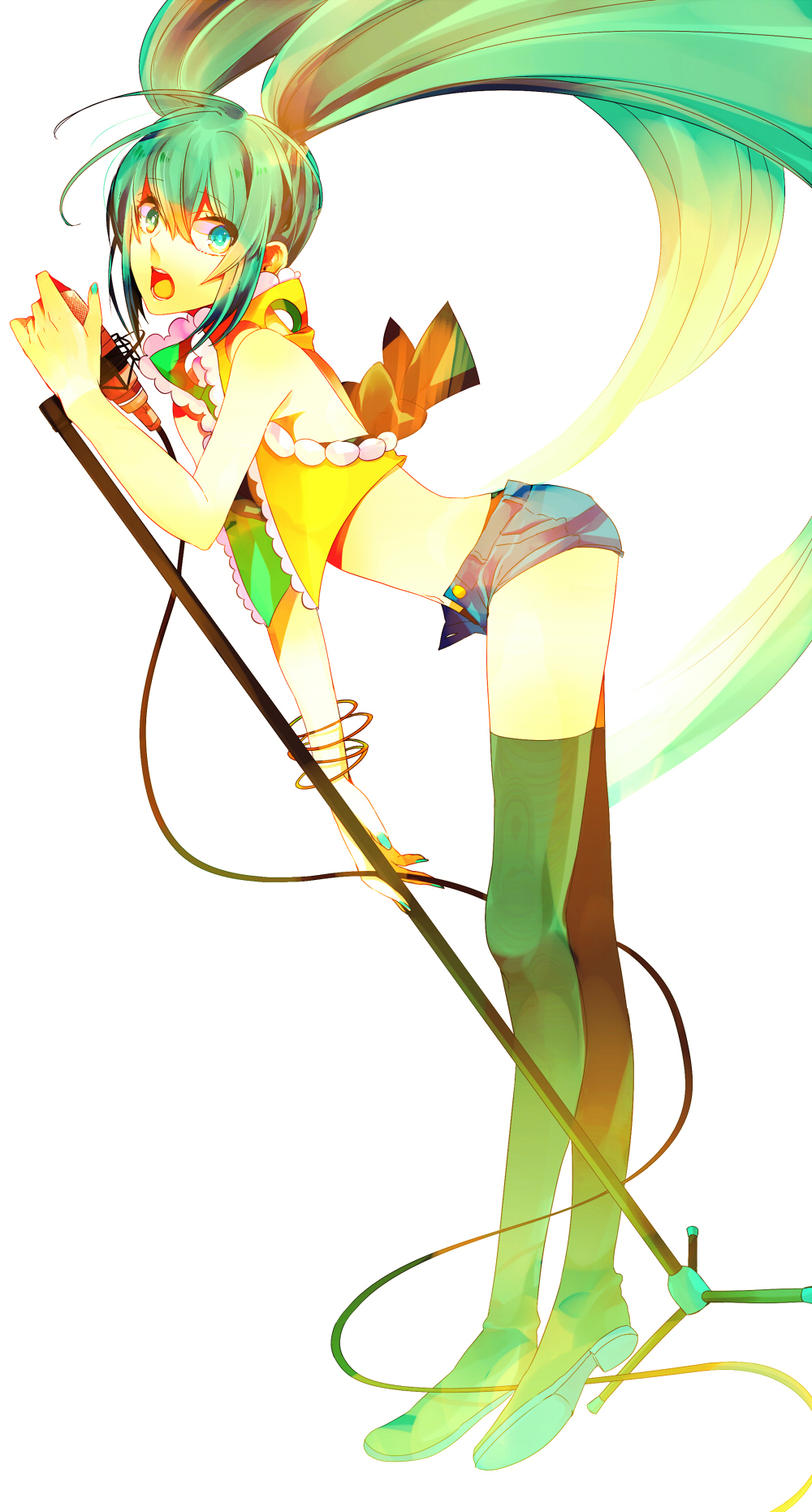 bad_id bad_pixiv_id boots bracelet green_eyes green_hair hatsune_miku highres jewelry kyama long_hair microphone microphone_stand midriff open_mouth shorts simple_background solo thigh_boots thighhighs twintails very_long_hair vocaloid