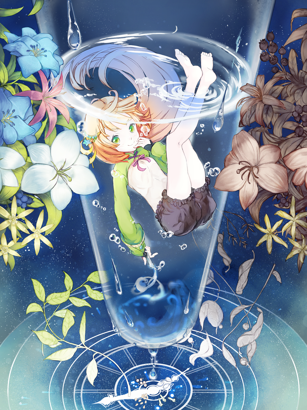 bare_legs barefoot blonde_hair blue cup drinking_glass flower ginka gradient_hair green_eyes highres in_container in_cup leaf long_hair looking_at_viewer multicolored_hair noora_brandor noora_to_toki_no_koubou partially_submerged smile solo test_tube water