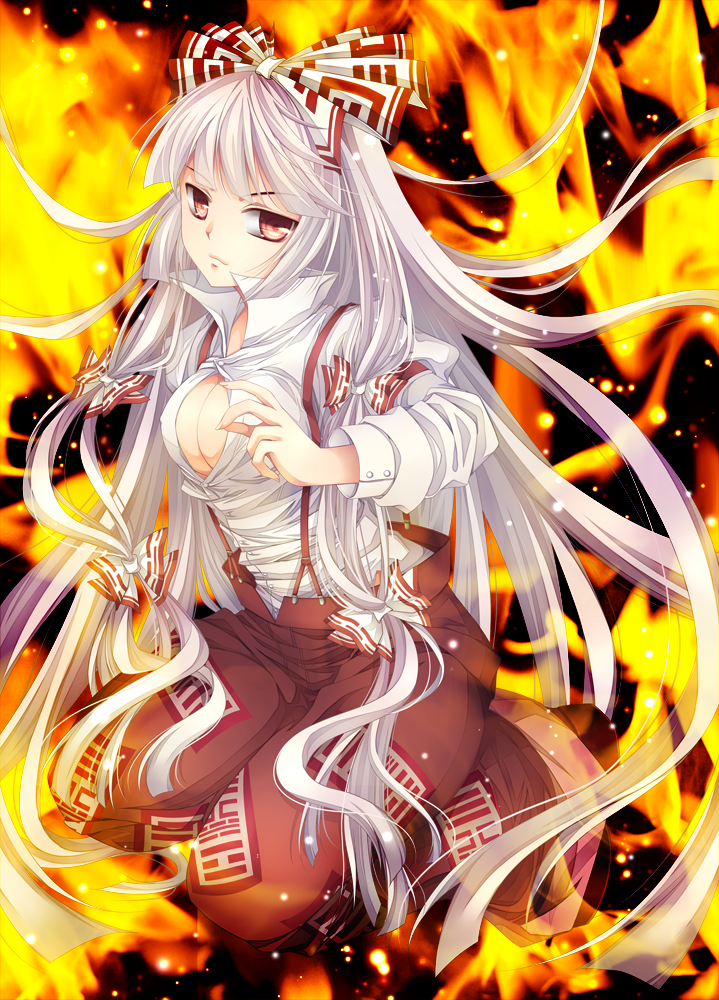 bow breasts cleavage fire fujiwara_no_mokou hair_bow kneeling long_hair medium_breasts mikazuki_sara open_clothes open_shirt red_eyes shirt solo suspenders touhou unbuttoned very_long_hair white_hair