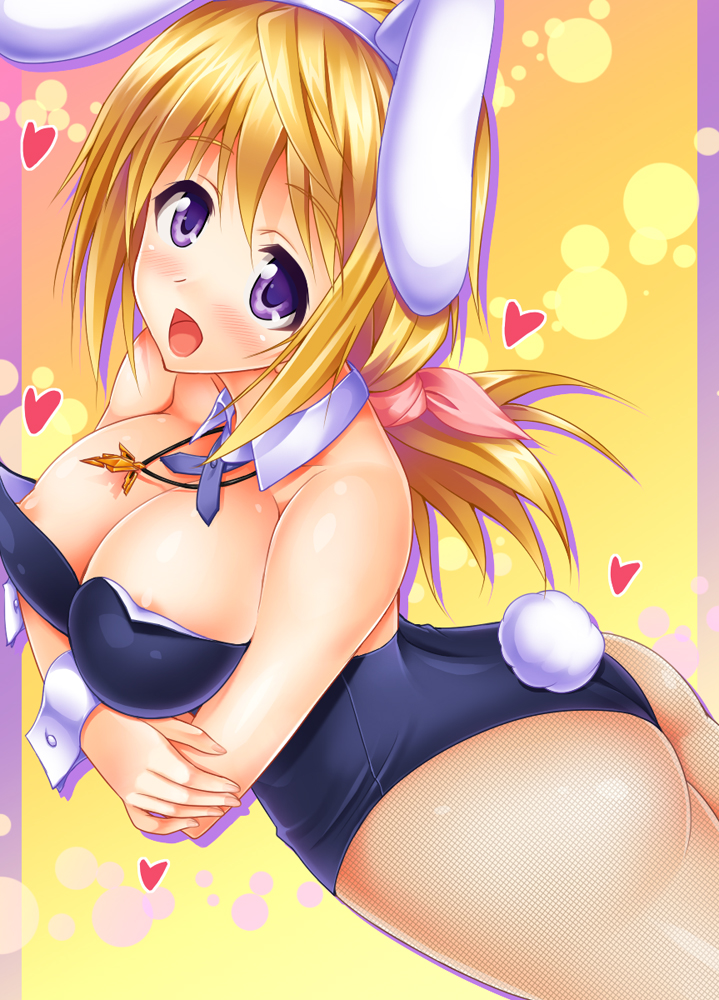 animal_ears areola_slip areolae ass blonde_hair breast_hold breasts bunny_ears bunnysuit charlotte_dunois cleavage crossed_arms detached_collar fishnet_pantyhose fishnets infinite_stratos large_breasts leotard long_hair pantyhose purple_eyes ribbon solo uehiro wrist_cuffs